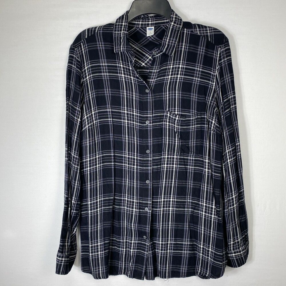 Old Navy Shirt Size Large Grey Plaid Long Sleeve Button Up Collared Pockets